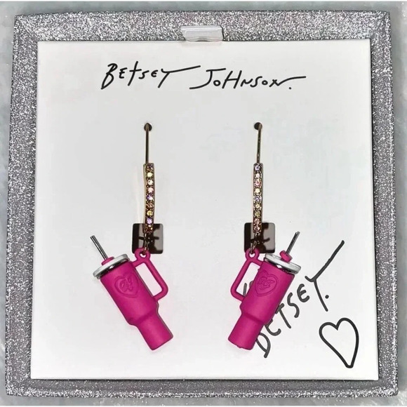 Betsey Johnson Pink Stanley Cup Rhinestone Dangle Drop Earrings New In Gift Box - Picture 3 of 5